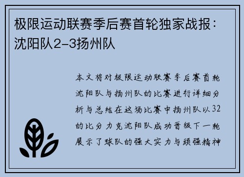极限运动联赛季后赛首轮独家战报：沈阳队2-3扬州队