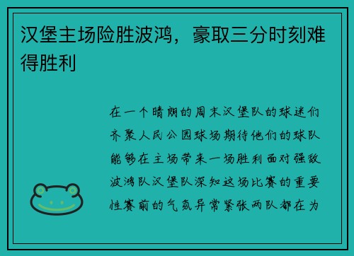 汉堡主场险胜波鸿，豪取三分时刻难得胜利
